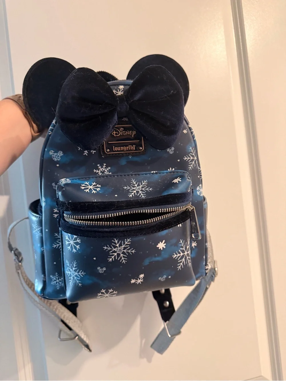 Disney Loungefly Navy Snowflake Mini Backpack with Velvet Bow & Ears